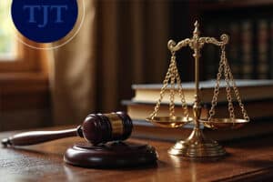 Judge's gavel and brass scales of justice on a courtroom desk representing mandatory sentencing under New Jersey's Graves Act
